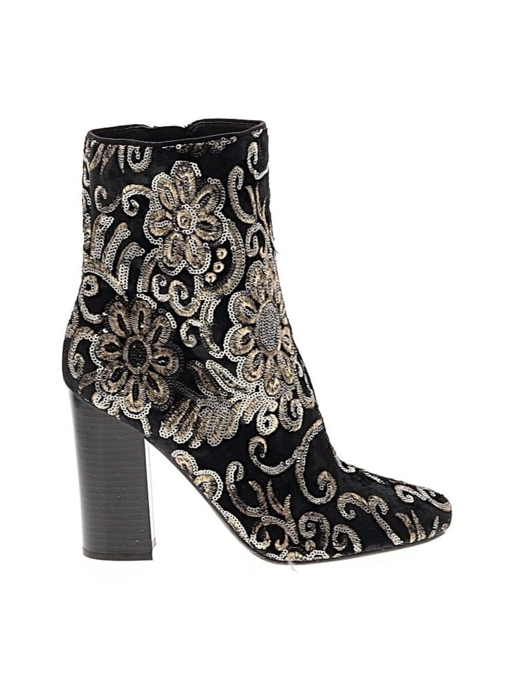 GUESS Ankle Boot Sz 9.5 & 3.75" Heel | Black Bootie with Silver & Gold Swirl Flo